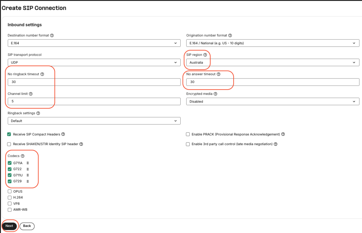 Telnyx Inbound Settings